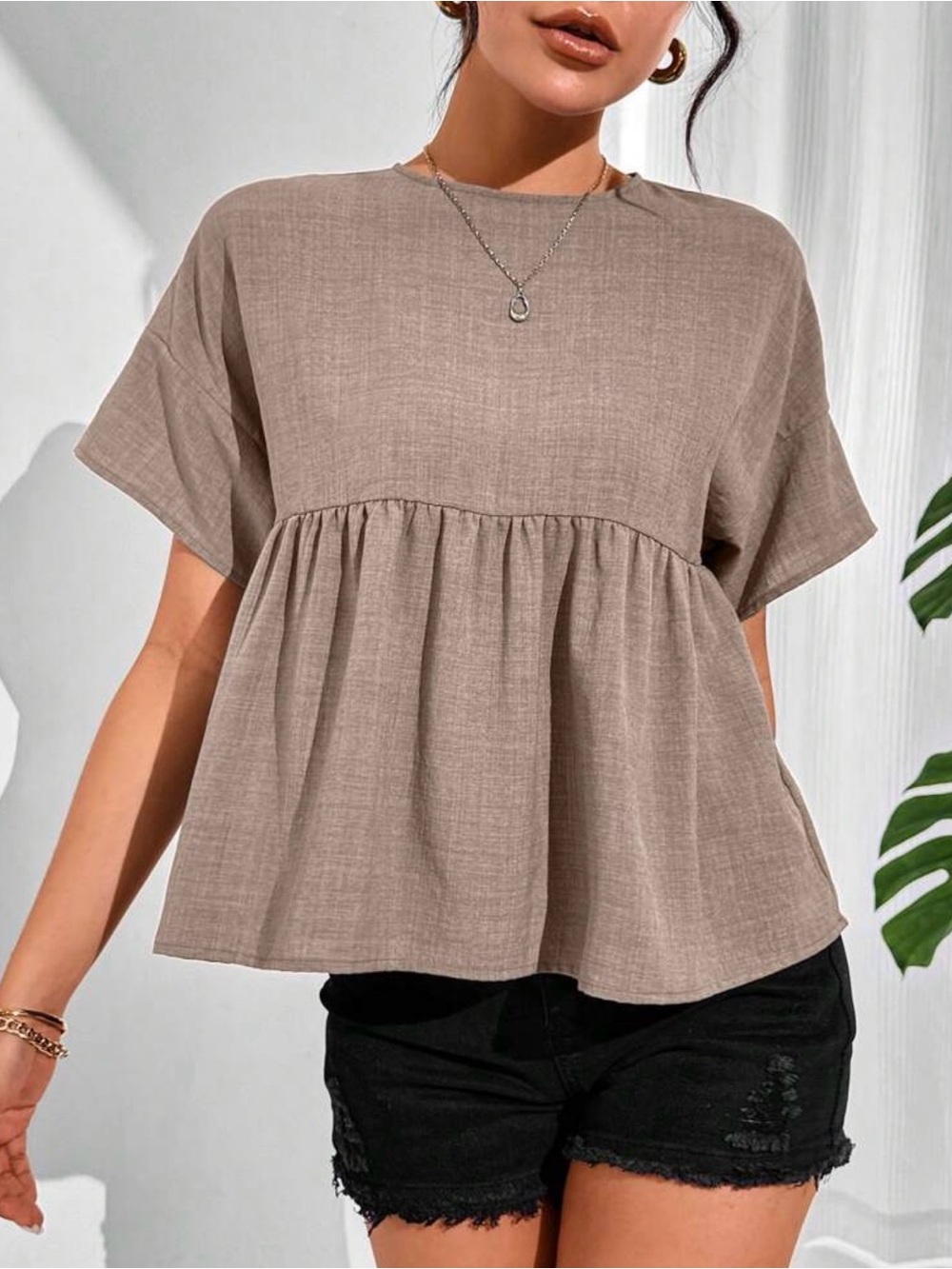 Brown Short Sleeve Peplum Blouse